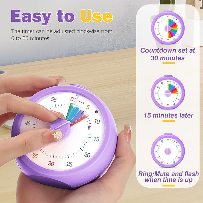 Mwellewm Visual Timer for Kids, 60 Minute Time Digital Pomodoro Timer Countdown with Silent Pause Function for Classroom Kitchen Study Cooking Meetings ADHD Rainbow Pattern(Circle Purple)