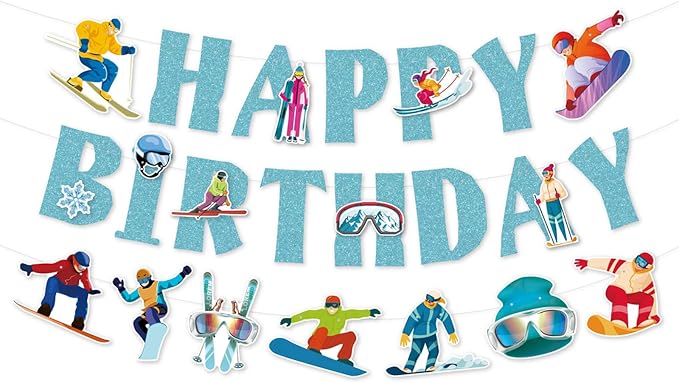 Zwiebeco Blue Skiing Happy Birthday Banner Bunting Garland Hanging Paper Party Decoration for Boys Girls Mens Womens Snow Skier Lover Winter Ski Snowboard Sports Themed Bday Decor Accessories Supplies
