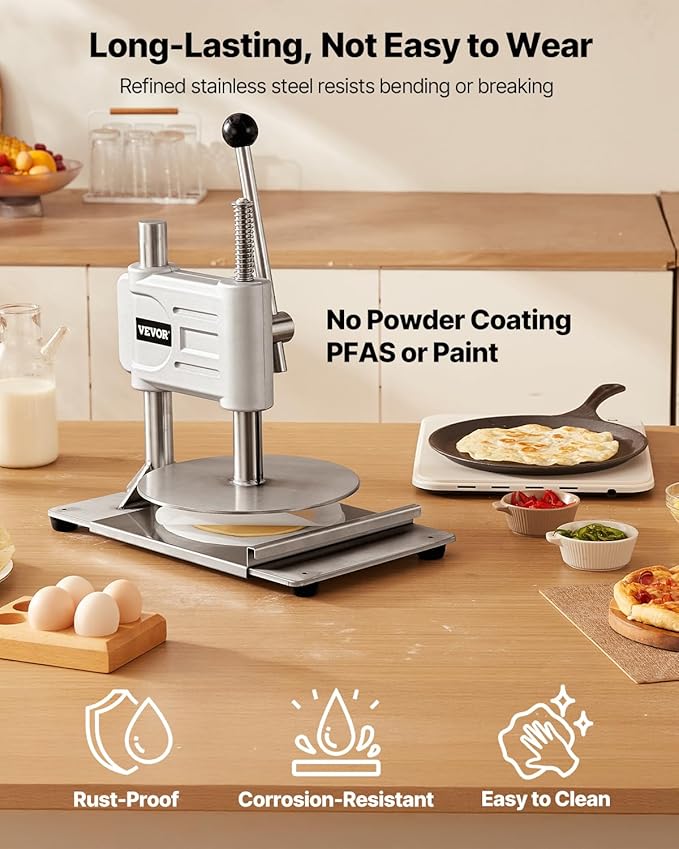 VEVOR Manual Pizza Dough Press Machine, 9.5 inch Pizza Pastry Press Plate, Stainless Steel Bread Presser, Commercial Chapati Sheet Crust Maker, Forming Machine with Handle and 100 Pcs Parchment Paper
