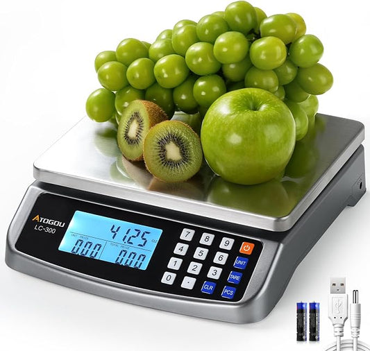 Atogou 110lb Food Scale, Commercial Kitchen Scale with Price Computing, Plug-in Usable, 0.05oz/1g, 304 Stainless Steel, for Cooking, Vegetables, Farm, Industry, Counting. LC300 Grey