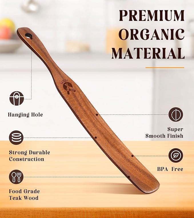 2 Pack Wooden Spurtle for Sourdough Starter, Mixing, Reaching Bottom of Jar, Dough Whisk, Natural from High Moist Resistance Teak, Spurtles Kitchen Tools Wooden Kitchen Utensils for Baking, Cooking