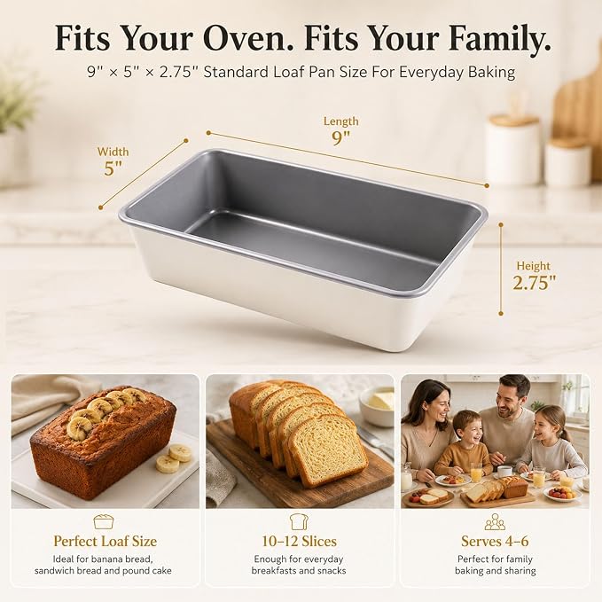 9x5 Inch Nonstick Loaf Pan Set of 2, Heavy Duty Carbon Steel Bread Loaf Pans, Oven Safe to 450°F, PTFE & PFOA Free, Easy Release for Banana Bread, Meatloaf, Sourdough, Pound Cake