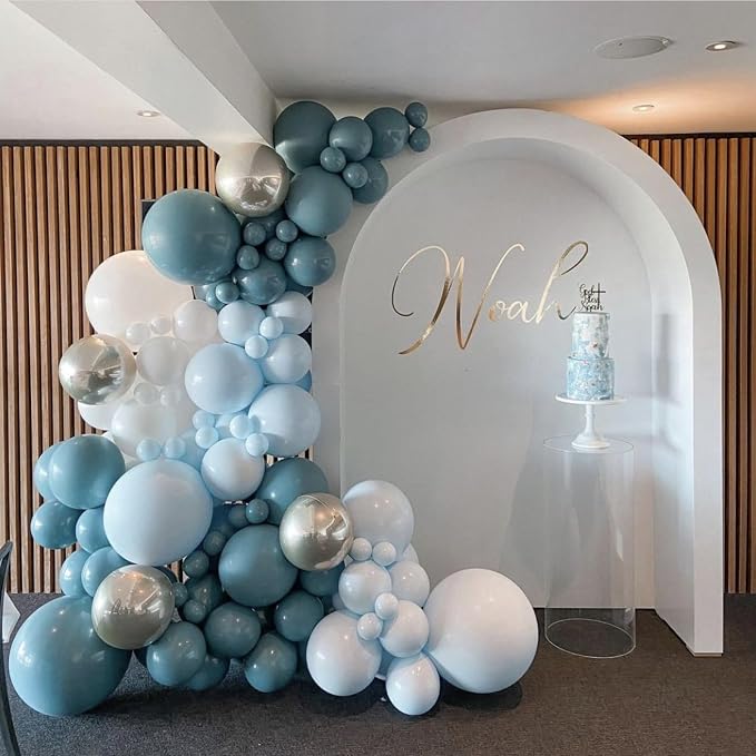 Dusty Blue Balloon Arch Kit, 108 Pcs Blue and Silver Balloon Arch Kit Metallic Silver Sand White Mist Blue Balloon Helium for Kids Boy Party Baby Shower Birthday Bridal Wedding Anniversary Decorations