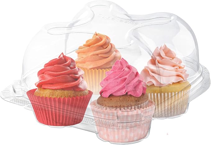 Plastic Cupcake Containers Boxes | 4 Compartment – 50 Pack | Disposable High Dome Cupcake Holder With Lid Bulk | Extra Sturdy And Stackable Cupcake Boxes | Durable Muffin Packaging Transporter To Go