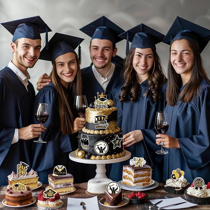 48pcs Edible 2026 Graduation Cupcake Toppers Wafer Paper Gold Class of 2026 Cake Decorations Edible Congrats Grad Cupcake Picks for 2026 Graduation Theme Party Cake Supplies