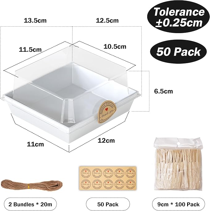 50Pcs Small Charcuterie Boxes with Clear Lids 5x5 Inch | Disposable Dessert Containers with Lids,White,Oil-Proof,Leak-proof,with Strings,100 Stickers&Forks,for Cookie Sandwich Party