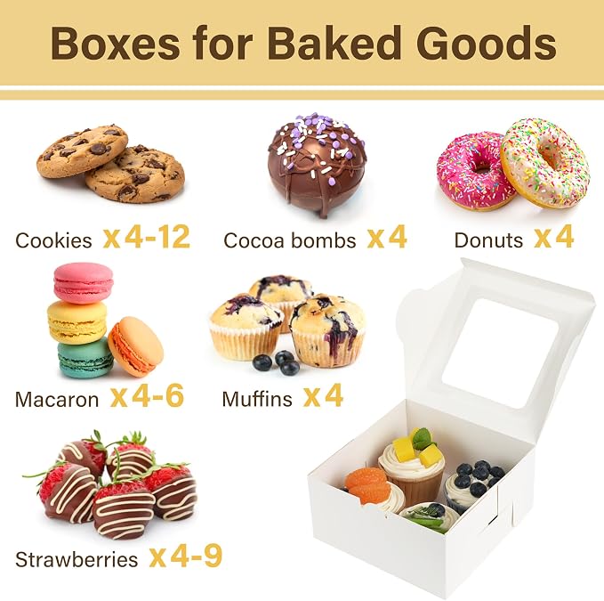 LotFancy 24pcs Bakery Boxes with Window, 6x6x3 Inches White Cookie Boxes | Durable, BPA Free, Pre-Folded, Suitable for Chocolate Strawberries, Macarons, Cookies, Cupcakes, Donuts, Muffins