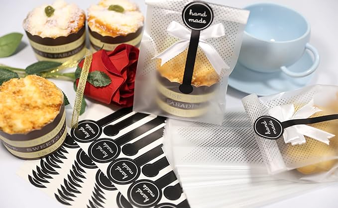 SAILING-GO 100 pcs./Pack Translucent Plastic Bags for Cookie,Cake,Chocolate,Candy,Snack Wrapping Good for Bakery Party with Stickers