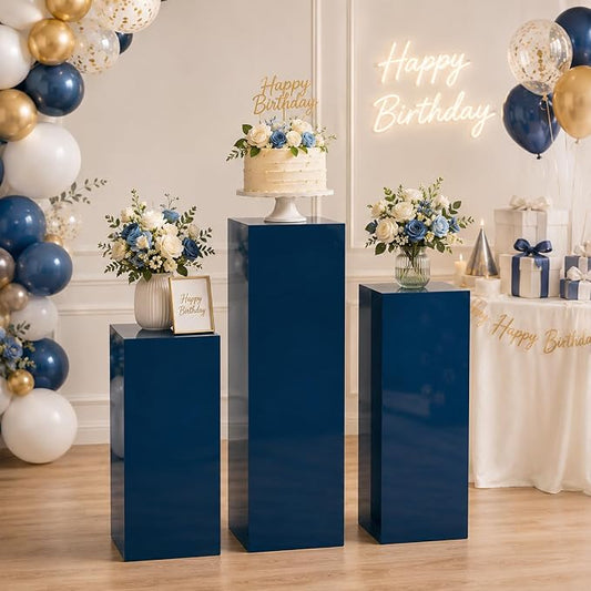 SwallowLiving 3PCS Metal Blue Display Pedestal Stand for Parties, Square Tall Pedestal Cake Stands Pillars for Wedding, Sculpture Display Stand Column Decoration
