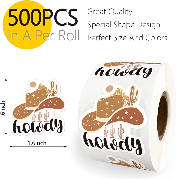 500pcs Cowboy Hat Sticker, Western Party Stuff Stickers Roll, Howdy Wild Life Sticker, Happy Mail Packaging Labels, Thank You Stickers Western Decor