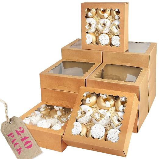 Bakepacker 240pcs Brown Pie Boxes 8"x 8"x 2.5" Easy Assemble Macaroon Cookie Boxes Bakery Boxes with Window for Bakery (Auto-pop Up)