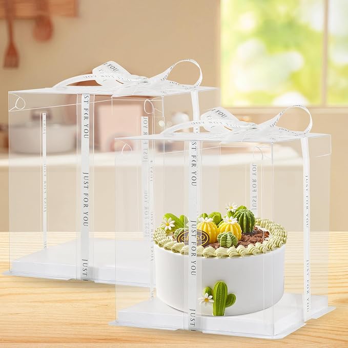 8Pcs Tall Cake Boxes Clear Box with Ribbon, 10x10x9 inch, for 6" cajas para pasteles Tiered Cakes,Transport Gift Boxes for Wedding and Gift Display. (Transparent, 10 * 10 * 9 inch/8pcs)