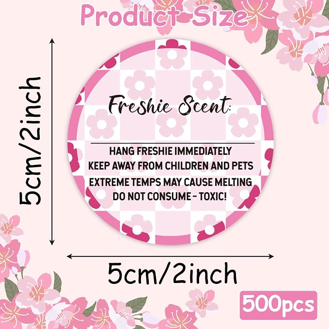PANTIDE Freshiess Scent Care Instruction Stickers - 500 Count Car Freshie Warning Round Labels, Adhesive Roll Stickers with Line to Write Thermal Printed for Small Business (2 x 2 Inch, Pink Flower)