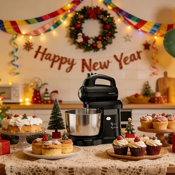 3.2QT 2-in-1 Stand Mixer, Electric Kitchen Mixer with Auto-Rotating Bowl & Tilt-Head, 5-Speed 250W Turbo Baking Machine for Beginners with Beater & Dough Hook for Cookie, Bread, Cake (Black)