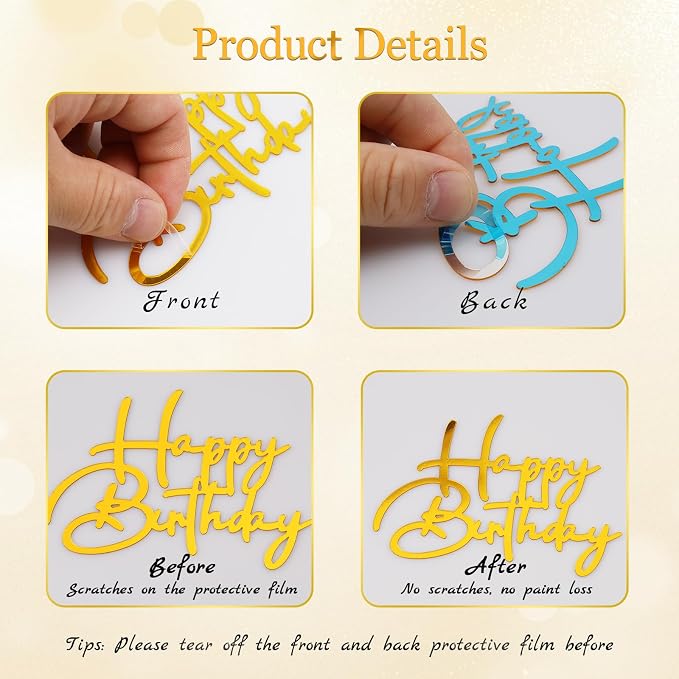 Wootkey 10 PCS Gold Happy Birthday Cake Topper Mirror Acrylic Cupcake Toppers Double-Sided Happy Birthday Sign for Cake Side Cupcake DIY Birthday Gift Flower Bouquet Decor