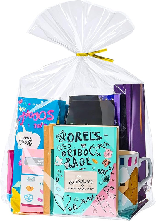 PigPotParty Cellophane Bags 12x16 Inch, 50 Pack Clear Plastic Gift Bags with Bottom Gusset for Stand-Up Display, Medium Cello Wrap for Large Goodies, Treats, Party Favors, Mugs, Includes 50 Gold Ties