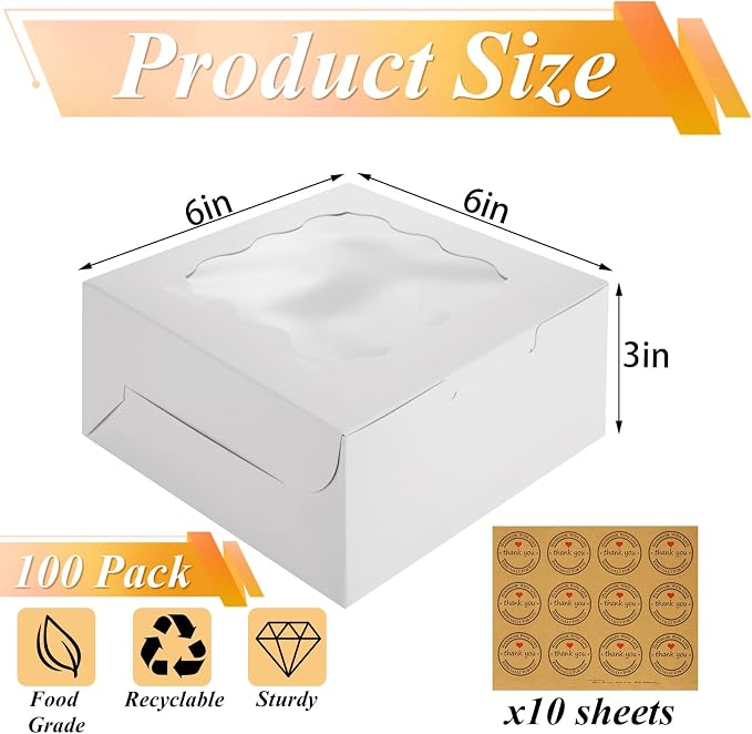 YAYODS 100 Pack Cookie Boxes 6x6x3 Inches Bakery Boxes with Window, White Treat Box with Stickers for Desserts, Pastry, Small Donut, Individual Cupcakes, Baked Goods