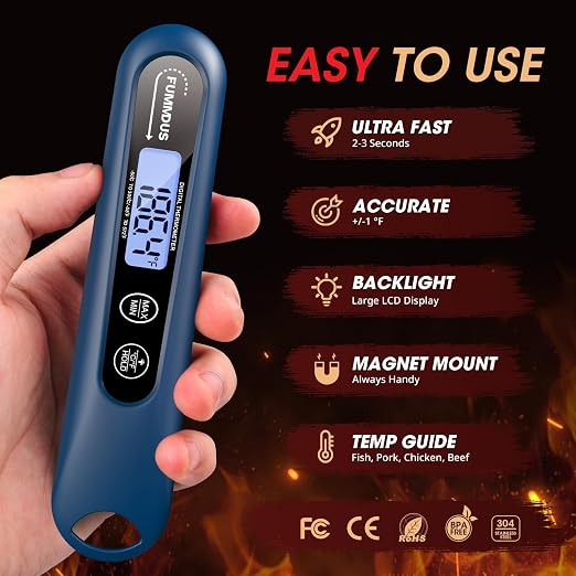 Digital Meat Thermometer - 2S Instant Read Food Thermometer with Backlight, Foldable Probe for Turkey BBQ Grill Smoker Candy, Essential Kitchen Cooking Gadget (Blue)