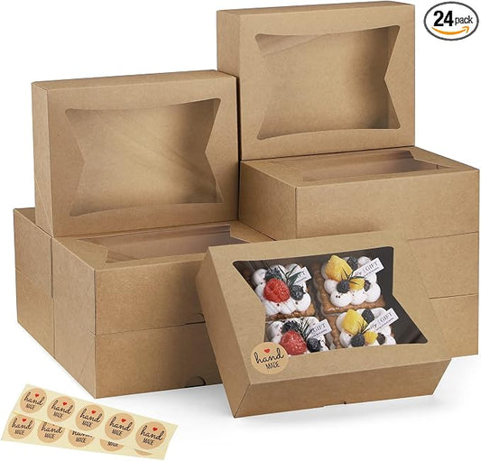 Eupako Cookie Boxes with Window 8x6x2.5 Inhces, 24pcs Auto-Popup Brown Treat Boxes for Bakery, Donuts, Candy, Pastry,Cupcakes, Biscuits, Chocolate Strawberries