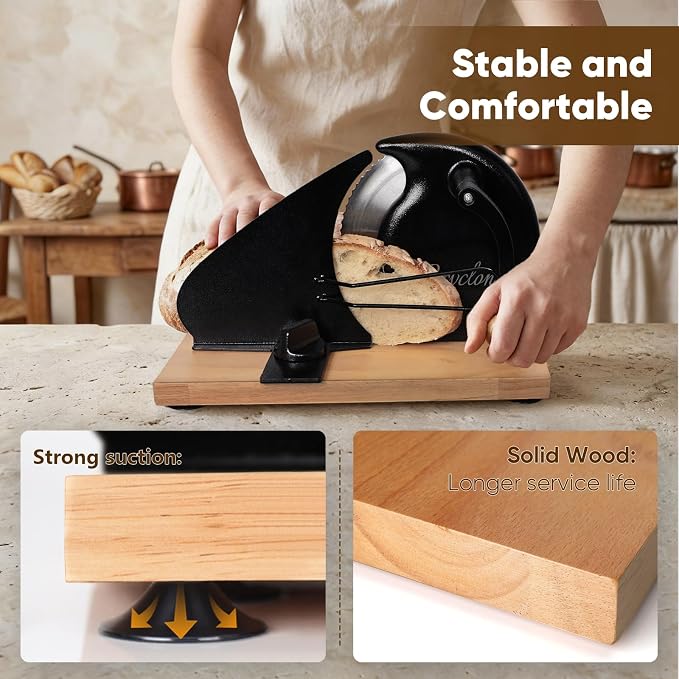 Foldable Manual Bread Slicer with Wooden Board & Foldable Handle,0-0.9" Adjustable Thickness,Serrated Blade & Suction Cup,Bread Slicer for Homemade Sourdough Bread,Soft Bread,Bagels,and More (Black)