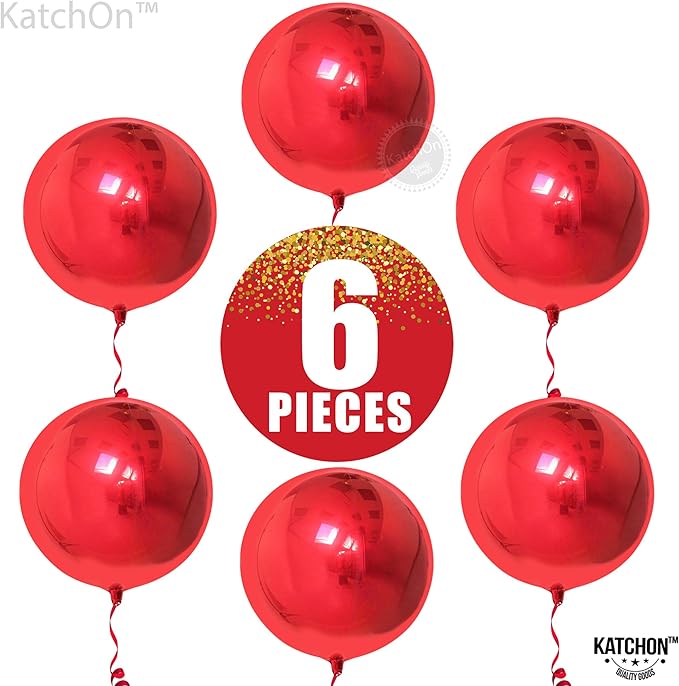 KatchOn, Red Balloons - Big 22 Inch, Pack of 6 | 4D Sphere Red Foil Balloons, Casino Balloons for Red Party Decorations | Metallic Balloons for Birthday Decoration, Carnival, Casino Theme Party