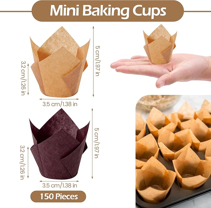 Ruisita 150 Pcs Mini Cupcake Liners Muffin Liners Baking Cups | Tulip Cupcake Liner for Baking Wedding, Birthday, Baby Shower Parties, Brown, Natural