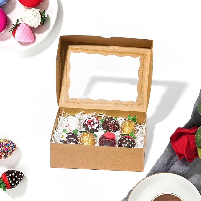 25PCS 8x6x2.5 Inch Brown Bakery Boxes with Window, Pastry Box for Chocolate Strawberries, Macarons, Truffles, Perfect for Thanksgiving Day, Mother's Day, Christmas Party Favors & Holiday