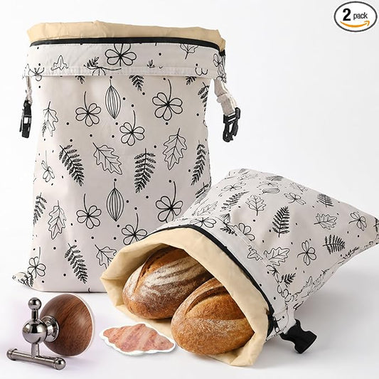 2Packs Cotton Beeswax Bread Bags with Zipper, Bread Bags for Homemade Bread,Organic Beeswax Linen Sourdough Bags,Reusable Bread Storage for Keep Fresh Freezer Safe 18 * 13in XL Large