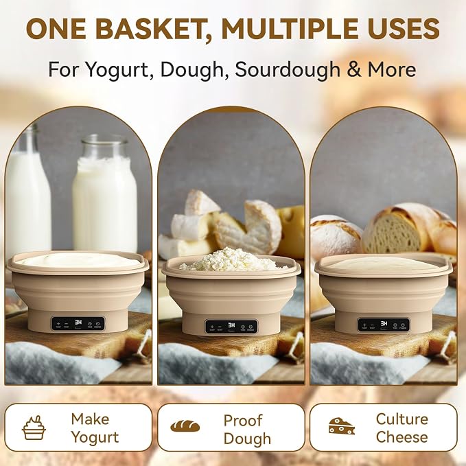 Heating Sourdough Banneton Bread Proofing Basket Kit with Timer & 6 Temp Settings, 2L Foldable Silicone Dough Proofing Box Electric Sourdough Starter Warmer Set for Dough Rising, Baking Supplies
