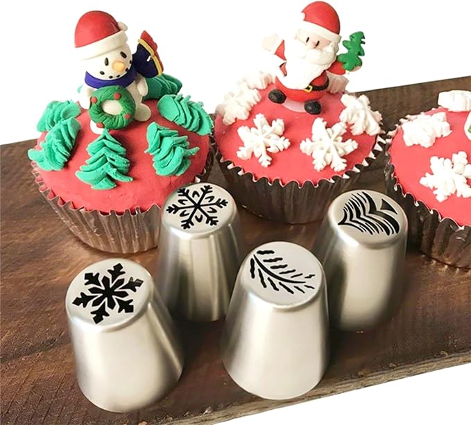 13 Pcs Extra Large Christmas Theme Icing Tips Set with10 Disposable Pastry Bags,1 Small Russian Flower Tip,1 Cleaning Brush for Cake Decoration,Cream Baking Tools
