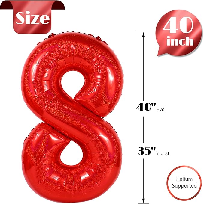 Laser Red 8 Balloon, Number Balloons 40 Inch, 8th Birthday Decorations for Girls, Birthday Balloons, Laser Red Party Supplies, Number 8 Balloon