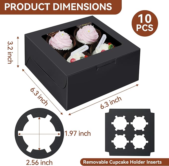 10-Set Cupcake Boxes Bulk with Clear Display Window Hold 4 Standard Cupcakes, Disposable Food Grade Black Cupcake Carrier Cupcake Container, Perfect for Cupcakes Muffins Cookies Pastries