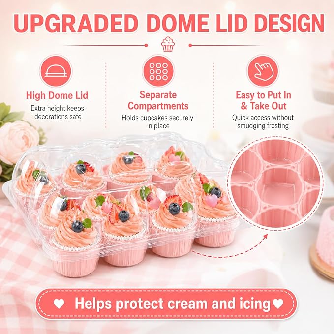 Cupcake Containers Holder - 12 Counts x 16 Sets Stackable Cupcake Boxes Carrier with 200 Pack Liners, Plastic Disposable Clear Cupcake Storage Tray with Detachable Dome Lid for Mini Individual Cake