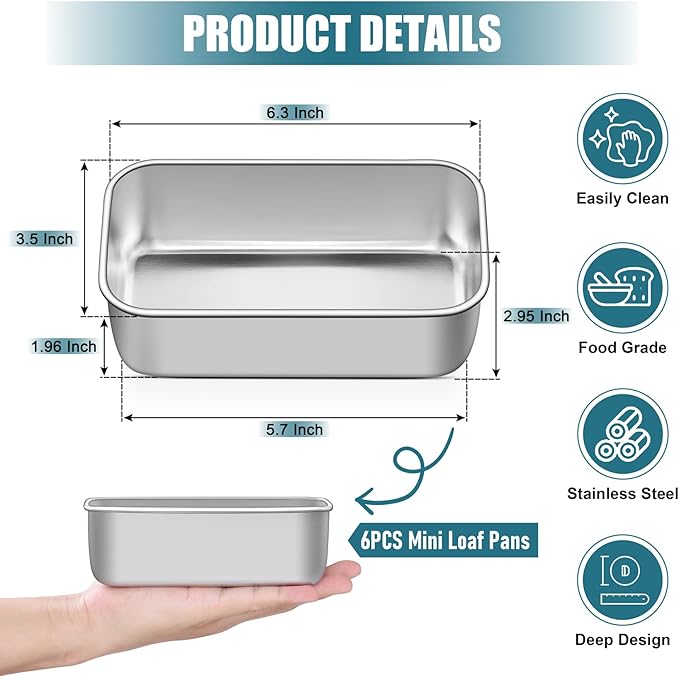 P&P CHEF Stainless Steel Mini Bread Loaf Pans, 6 PCS, Lasting & Rust-free | 6.3 x 3.5 Inch, Small Size for Air Fryer & Oven, Ideal for Bread, Meatloaf, Cake and Brownies, Food Grade, Dishwasher Safe