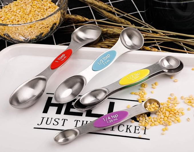 Magnetic Measuring Spoons Set of 5 Stainless Steel Dual Sided Stackable Teaspoon for Measuring Dry and Liquid Ingredients (Color)