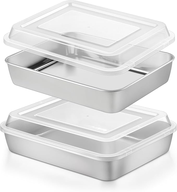 Herogo Baking Pan with Lid (2 Pans + 2 Lids), 7 x 9 Inch Stainless Steel Nonstick Deep Bakeware, Rectangle Cakes Bakeware for Brownies Casseroles, Non Toxic & Dishwasher Safe