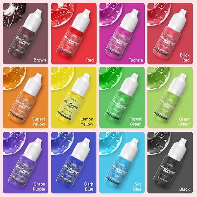 Food Coloring Liquid 12 Colors, Vibrant Food Coloring for Slime, Assorted Neon Food Dye for Baking, Cake Decorating, Ice Cream, Frosting, 10ml/bottle