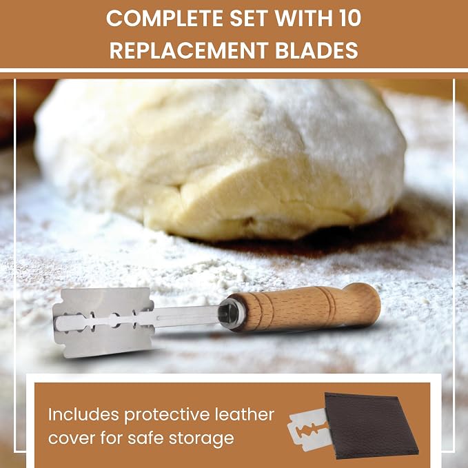 Gadgetime USA - Bread Lame with 10 Stainless Steel Blades - Sourdough Bread Scoring Tool - Artisan Cutter - Wooden Handle Baking Tools - With Leather Protector Cover