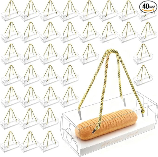40 Pack Clear Cake Boxes with Gold Rope Handle, 7.3 x 2.5 x 2.5 Inch Chocolate Covered Strawberry Packaging, Bakery Gift Boxes for Wedding Dessert Table Party Treats