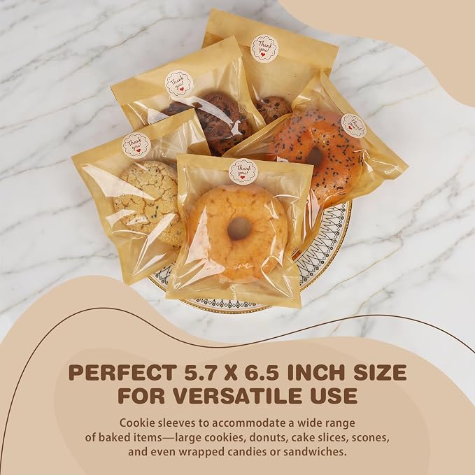 T-Raputa 100 Pack Cookie Bags,5.7x6.5 Inch Individual Heat Sealable Kraft Bakery Bags, Grease Resistant To Go Bakery Bags with Window for Brownie, Donut, Snack, Scone