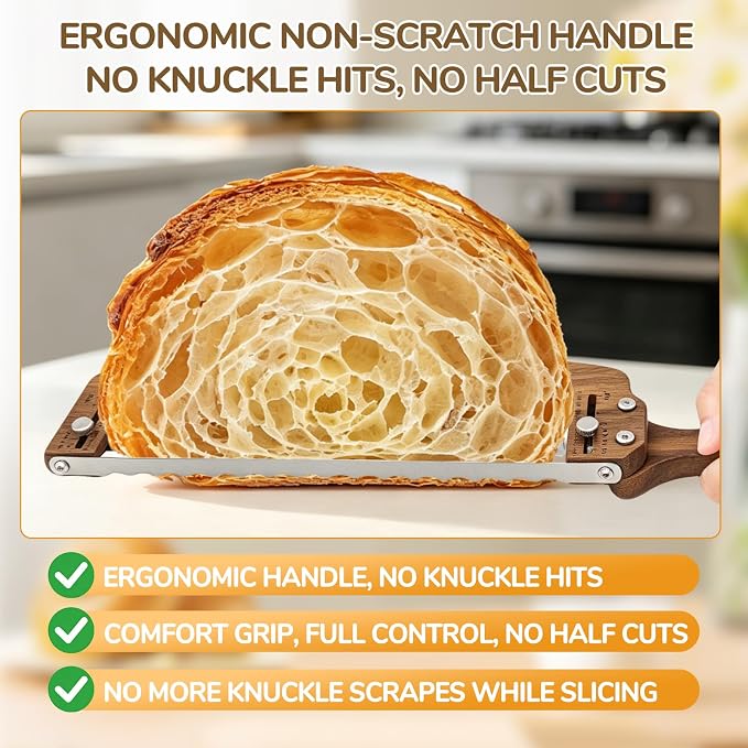 Adjustable Bread Slicer, Wooden Bread Knife for Homemade Sourdough, Ambidextrous Sharp Serrated Stainless Steel Blade, Thickness Guide for Baguettes, Bagels & Sourdough, Ideal Gift for Bakers
