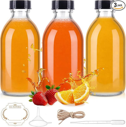 8oz Glass Juice Bottle with Lids, 3 Pack Clear Small Glass Bottles Leakproof Refilllable Sample Dispensing Bottles for Juicing, Homemade Vanilla Extract, Essential Oils, Smoothies, Ginger Shots