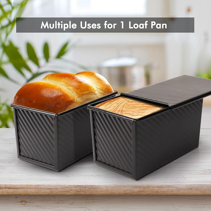 Beasea Pullman Loaf Pan with Lid, 2 Pack 1 lb Non-Stick Black Sandwich Bread Loaf Pans for Homemade Bread Carbon Steel Toast Box with Cover for Bakeware Toast Mold Oven Baking