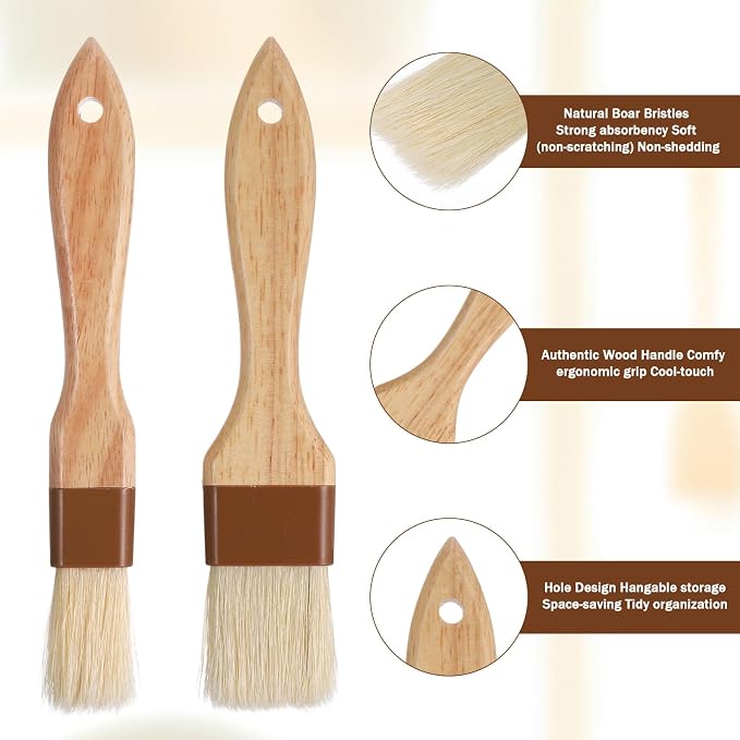2PCS Pastry Brushs for Baking, Basting Brush for Cookings Natural Boar Bristle Butter Brush for Cooking-Wooden Handle Non-Shedding Food Grade Cooking Brushs for Butter, Oil Baking (0.9 Inch,1.1 Inch)
