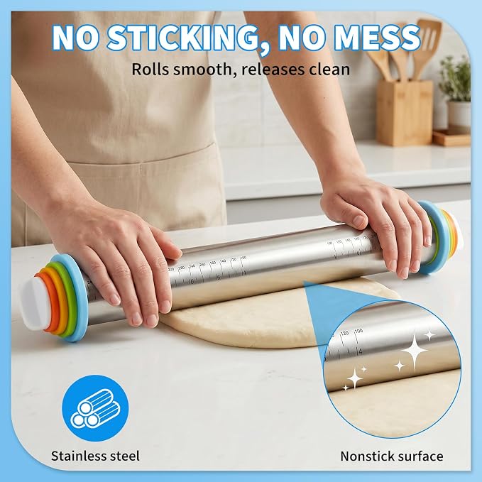 Cake Pop Roller, Adjustable Rolling Pin with Thickness Rings, Stainless Steel Design Ensures Smooth Rolling and Is Easy to Clean, Perfect for Evenly Rolling Dough for Pizza, Pie, Pastries, Pasta