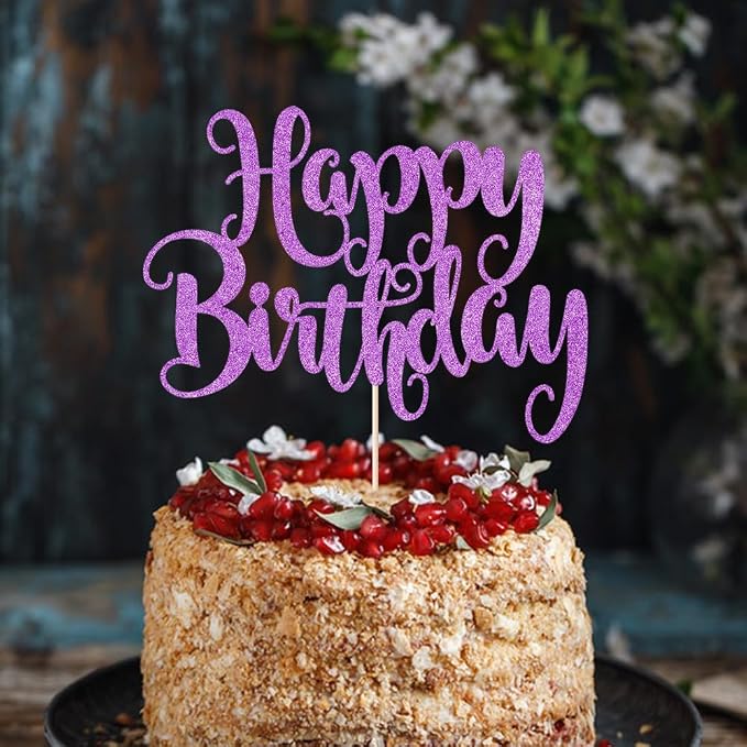 Happy Birthday Cake Topper- Glitter Happy Birthday Cake Decor, Handmade Anniversary/Birthday Party Supplies (Purple)