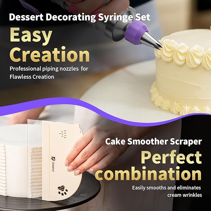 Dessert Decorating Syringe Set icing piping kit Stainless Steel frosting piping kit with 31 professional piping tips 50 disposable piping bags 1 silicone spatula 1 set of soft cake scrapers (Black)