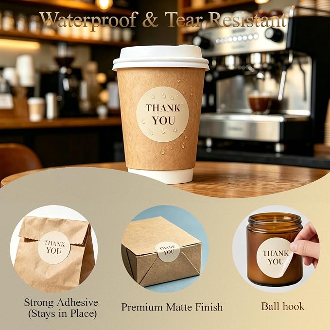 500PCS Thank You Stickers Roll, 1.5 Inch Round Self-Adhesive Labels for Small Business Packaging, Wedding Favors, Gift Boxes & Envelopes, Beige