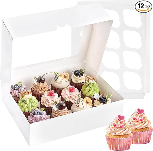 Kucoele 12 Count Cupcake Boxes, 12 Pack, White, 13 x 10 x 4 Inches | with Windows and Inserts, Disposable, Cupcake Containers Carriers, For Muffins, Treats, Pastries, Bakery, Desserts
