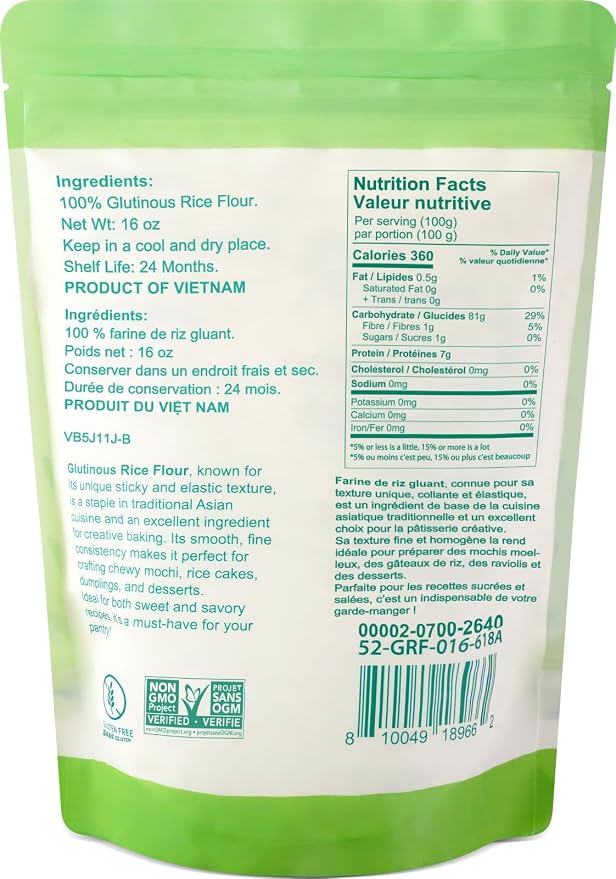 52USA Glutinous Rice Flour 16 Ounce (Basic), 1 Pound (Pack of 1), Rice Flour for Baking or Cooking, Product of THAILAND, All Natural White Rice Flour, Vegan, with Bag